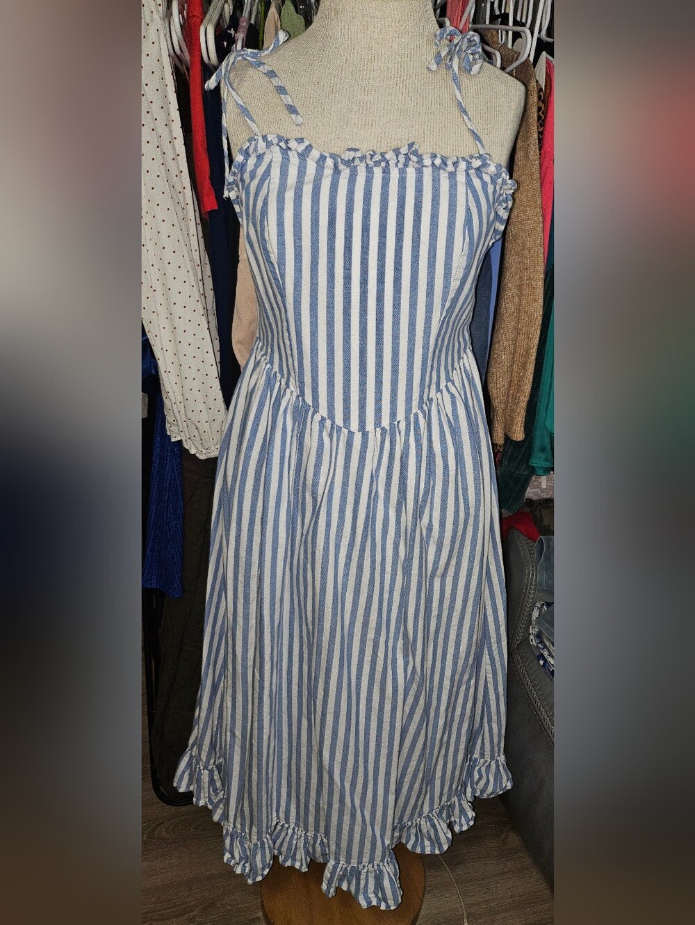 Blue and White Vertical Stripe Nautical Vacation Casual Cotton Dress